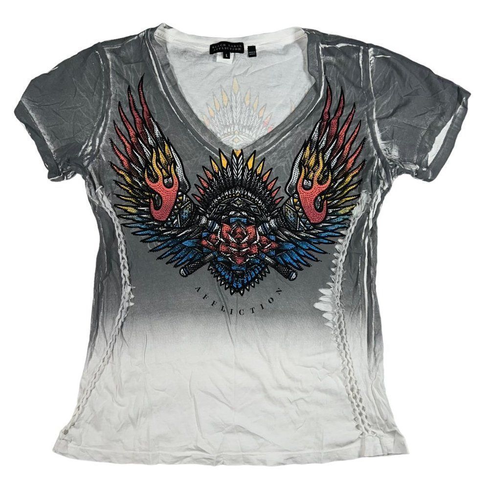 Affliction Tribal Fire Double Sided V-Neck Short Sleeve T-Shirt Women's Large (L